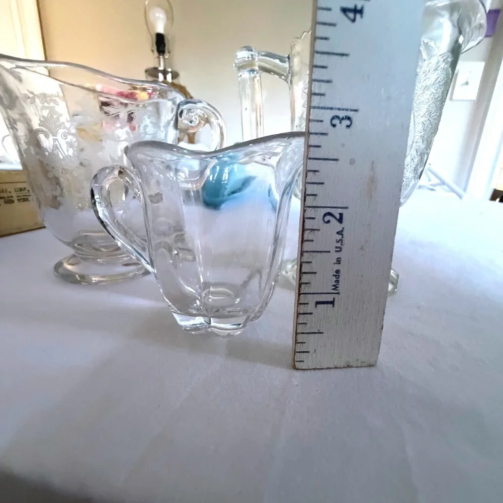 Vintage Glass Set Etched Floral Embossed Piece‎ Pear Footed Pitcher 3pc Clear